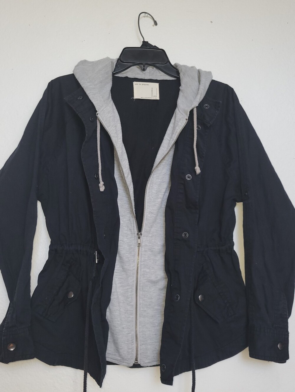 life in progress Black Utility Jacket with Gray Hooded Lining